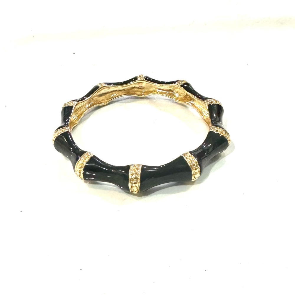 Kenneth Jay Lane Gold Plated Black Enamel Bamboo Bangle Bracelet Vintage - Picture 6 of 9